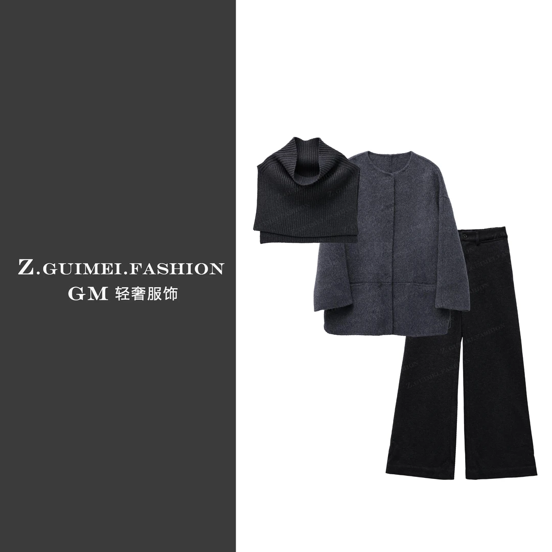 【肆姐高定】设计师款针织围巾羊绒微喇裤套装XY3474