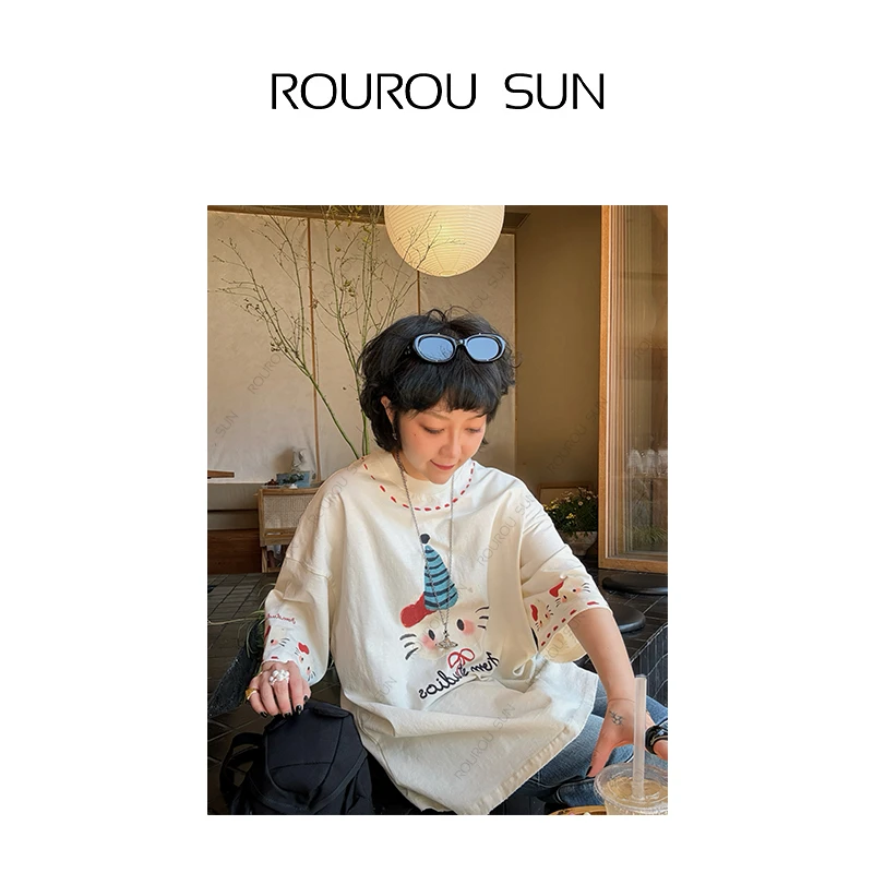 25066设计感趣味可爱Kitty猫印花短袖T恤女甜美系减龄宽松上衣