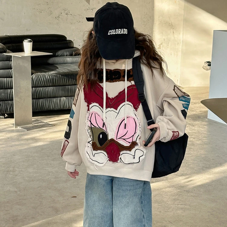 女童卡通卫衣2025春秋季新款洋气女大童动漫贴布连帽上衣儿童春装