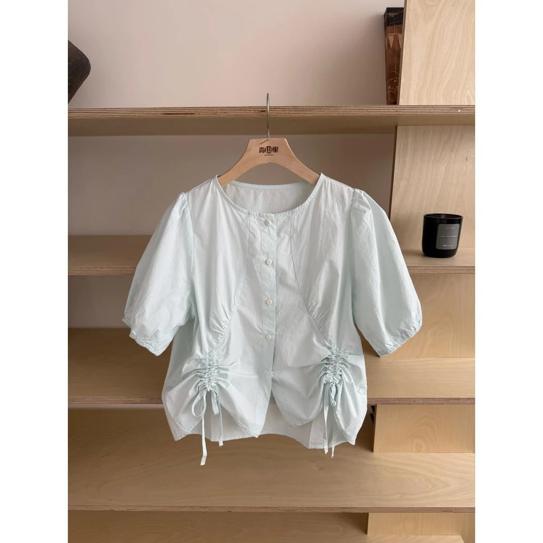 P0144- 短袖衬衫2025简约韩系时尚圆领单排扣抽绳设计纯色休闲女