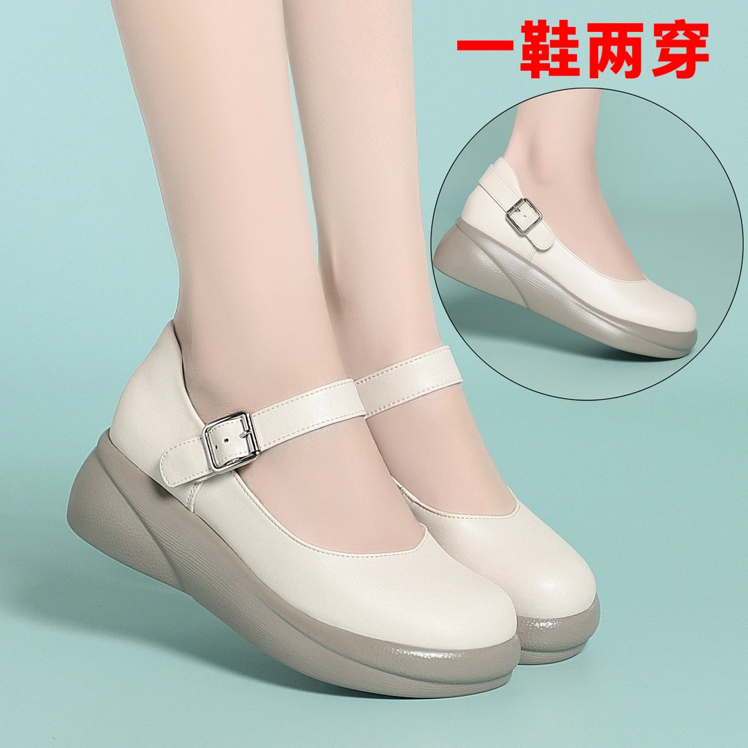 5公分一鞋两穿 真牛皮浅口舒适软底松糕底圆头妈妈鞋单鞋