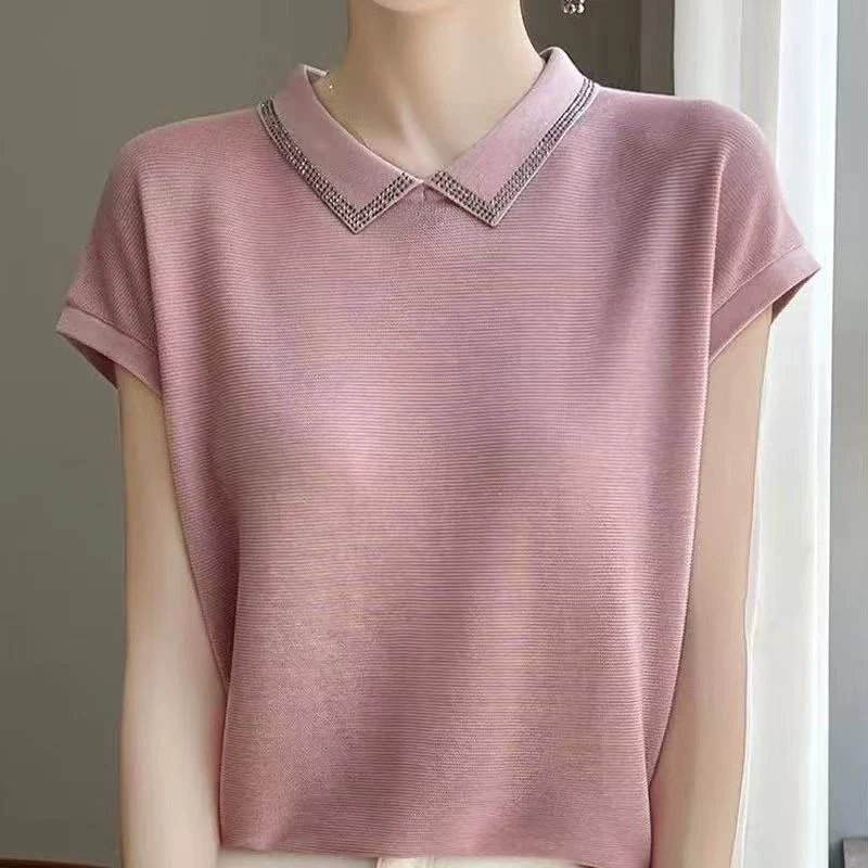 374【粉领口烫钻   翻领短袖】高级气质针织女衫