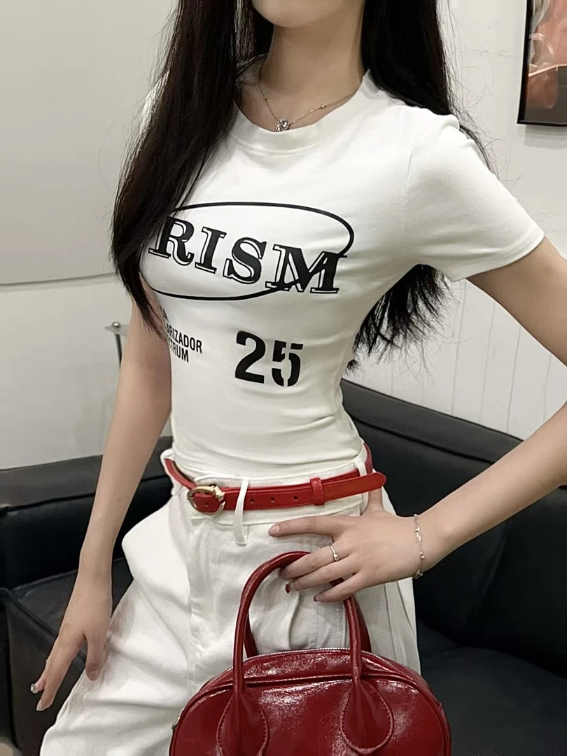 2025ins杂志风美式印花t恤女夏季新款修身辣妹圆领短袖