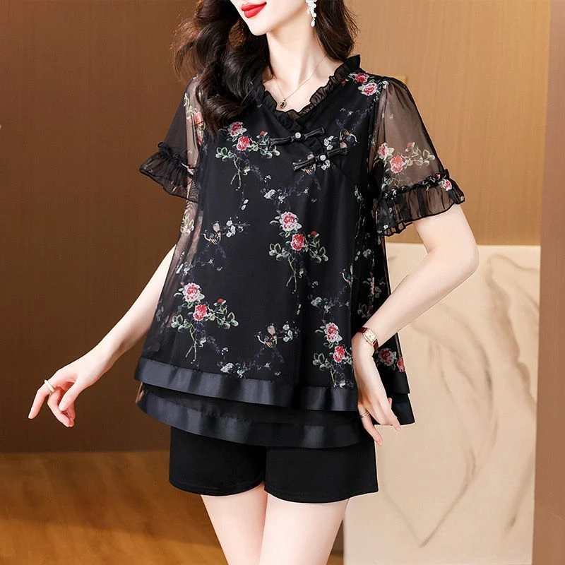 大码女装洋气套装夏新款胖mm复古印花盘扣小衫时尚减龄短裤两件套