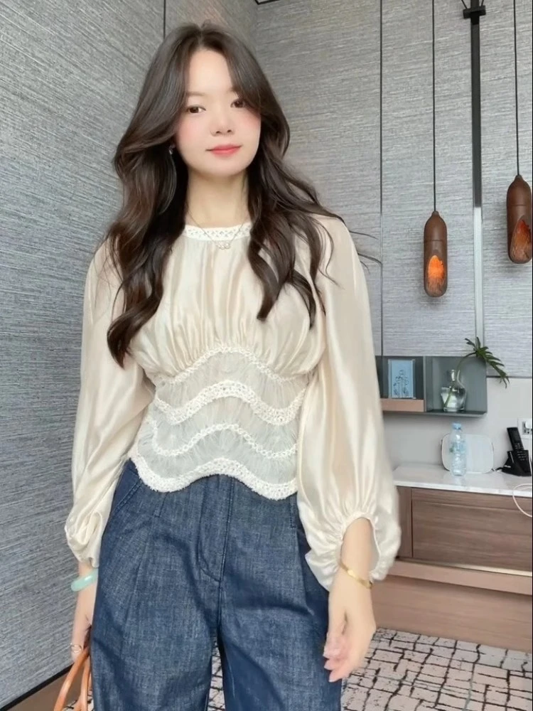 法式小香风蕾丝拼接长袖衬衫2025春夏收腰衬衣新款设计感小众上衣