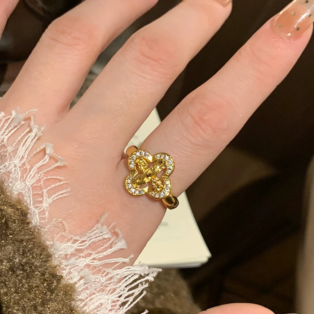 铜合金戒指 四叶草戒指女小众设计开口金色戒指女轻奢指环E632