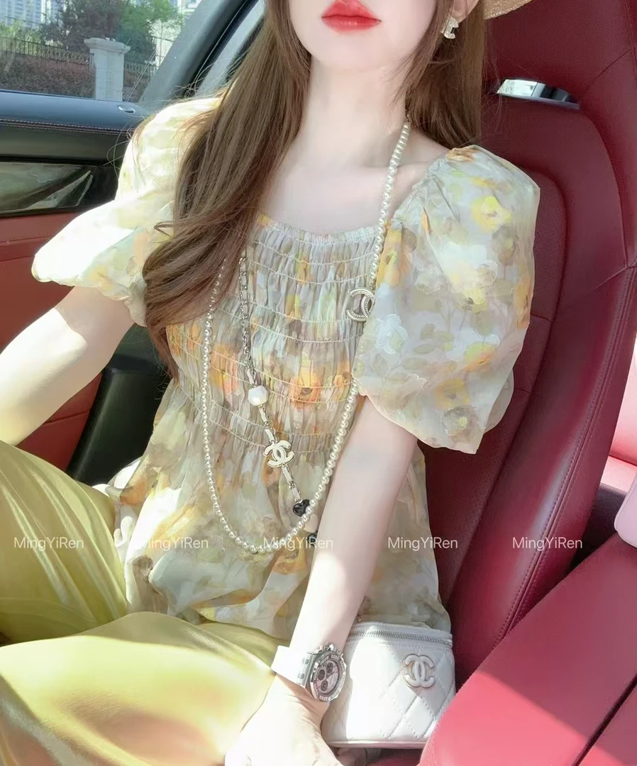 【钰姐精选】名依8807-法式气质短款碎花一字肩泡泡袖夏装甜美小衫