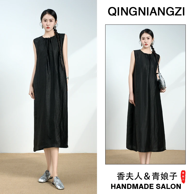 青娘子香云纱（茹悦）缎龟打褶圆领显瘦挂脖无袖连衣裙--60701