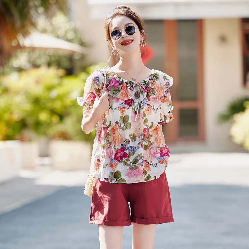 2025夏新款碎花雪纺上衣短裤两件套女小个子时尚气质显瘦休闲套装
