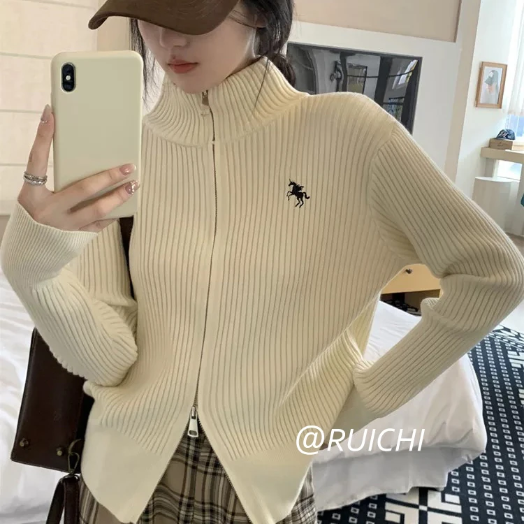 韩系慵懒风~女款独角兽刺绣针织开衫宽松显瘦显气质