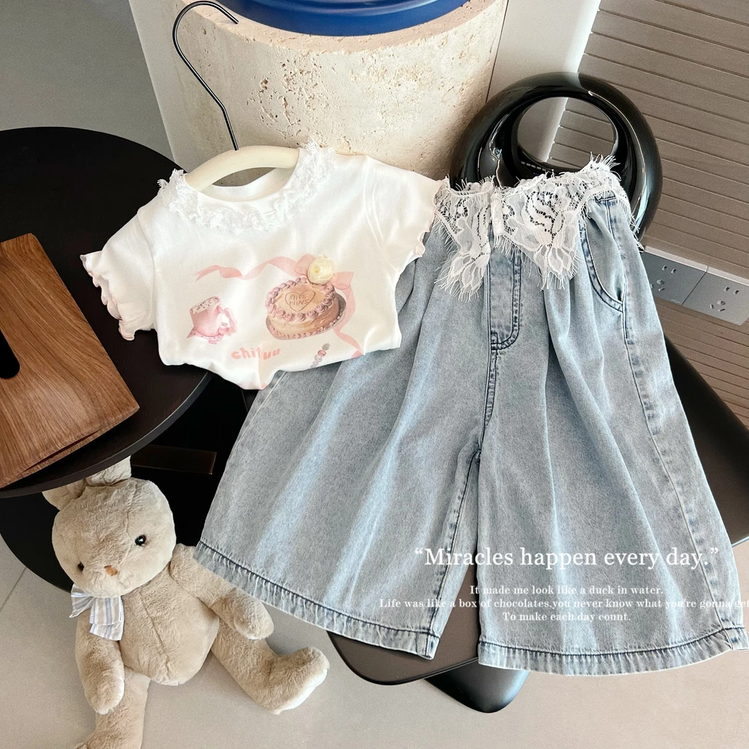 【睫毛裤】儿童裤子夏季薄款女童洋气蕾丝休闲阔腿牛仔裤66927