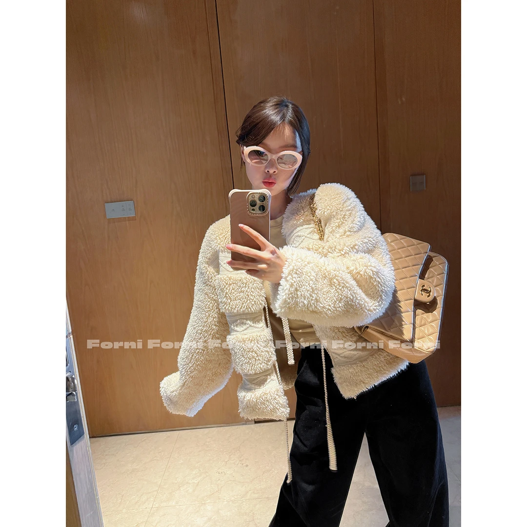 FORNI 重工系列 钩编夹克外套重磅毛绒拼针织系带保暖加厚上衣