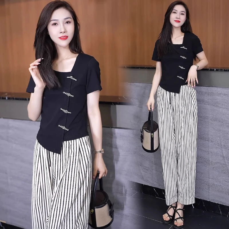 时尚套装女2025夏季新款洋气不规则设计感短袖T恤条纹裤两件套潮