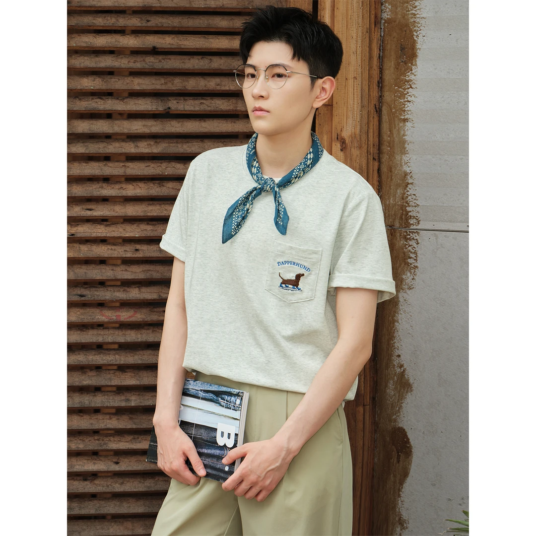 knighttom【凉感亲肤】灰色腊肠小狗趣味刺绣小个子休闲短袖T恤5238