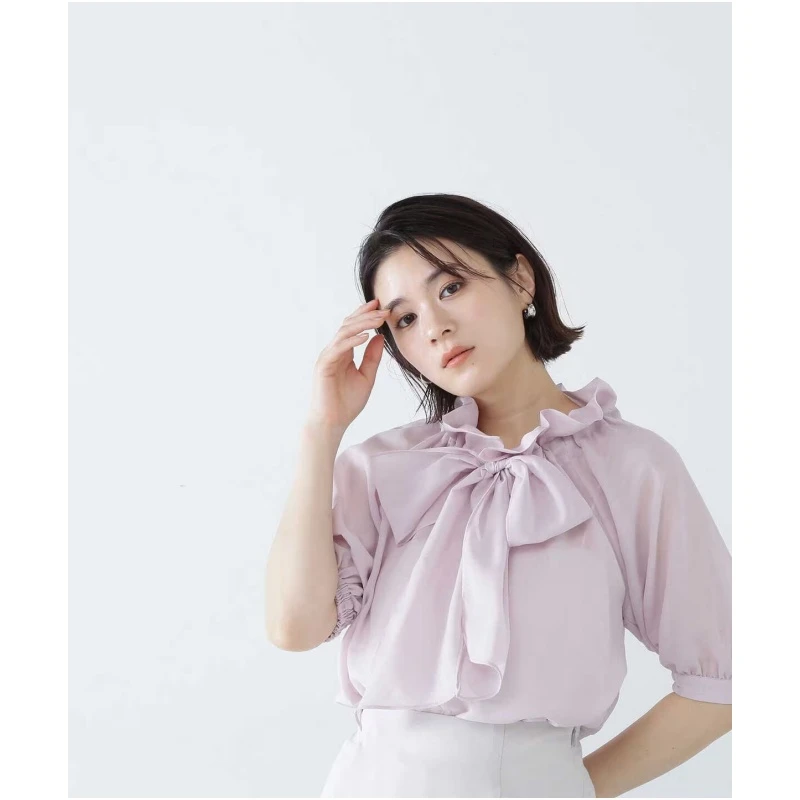 【胖虎家】 夏季新款 N 纯色气质百搭蝴蝶结领透明褶皱荷叶边衬衫