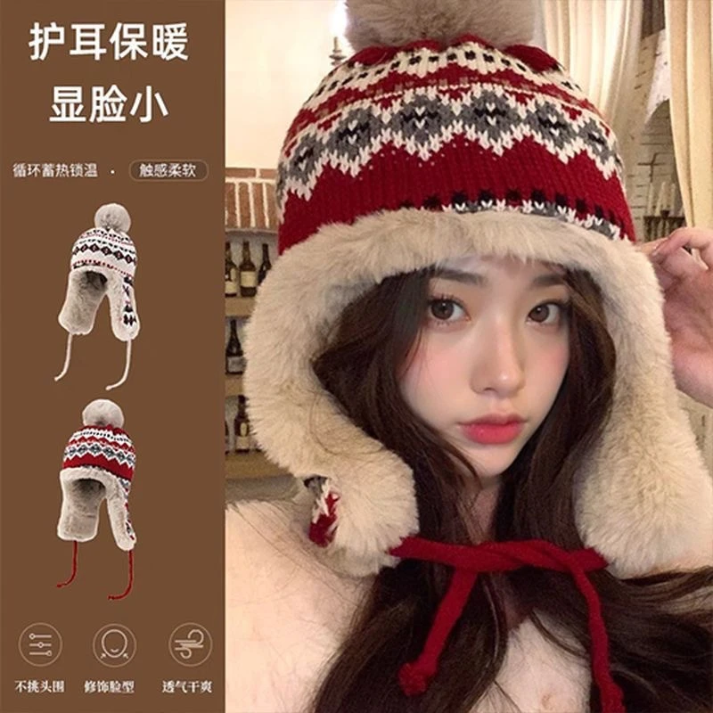雷锋帽毛绒帽套头防寒护耳骑行显脸小秋冬季帽子特厚女毛线保暖