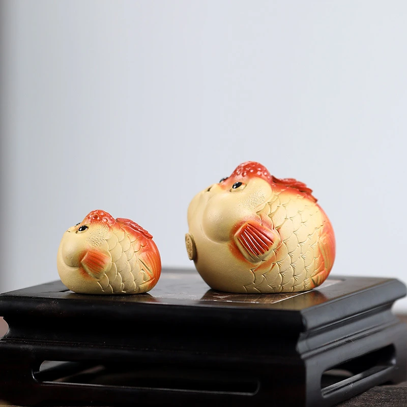 紫砂小金鱼吐泡泡茶宠精品可养造景鸿运当头鱼茶桌摆件茶玩R133