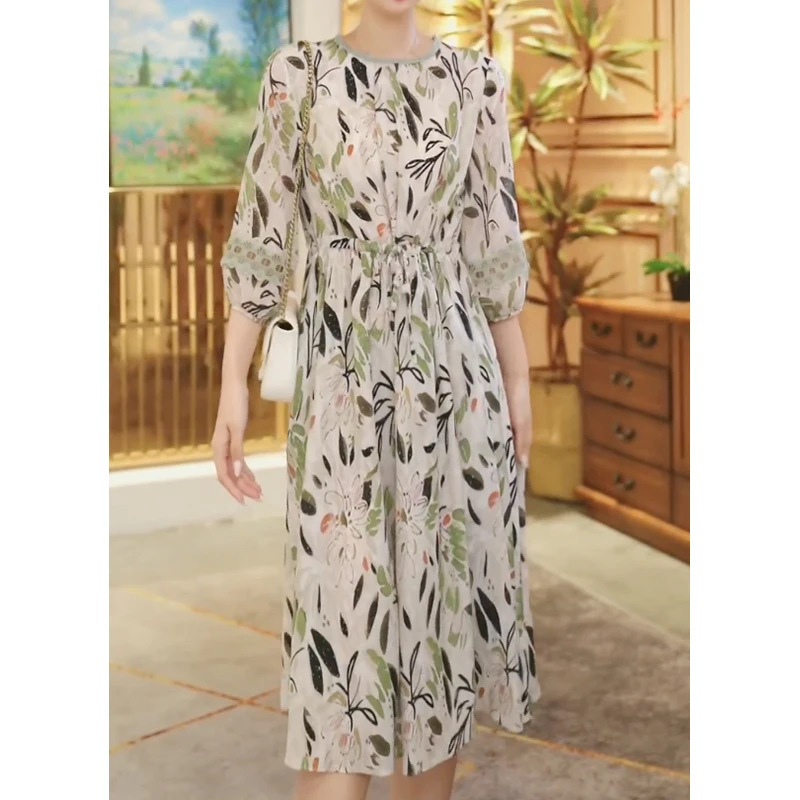 【堇兰桑蚕丝】春夏气质真丝裙印花收腰桑蚕丝连衣裙女YYQ22-903