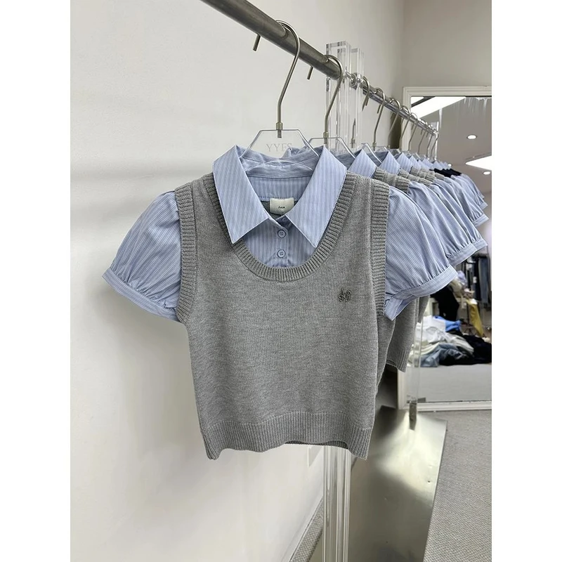 2025新款小众设计学院风高腰短款假两件拼接短袖衬衫女上衣百搭