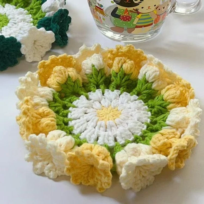 【成品】手钩编织杯垫铃兰花玟瑰花水杯垫隔热防烫垫毛线钩针花垫