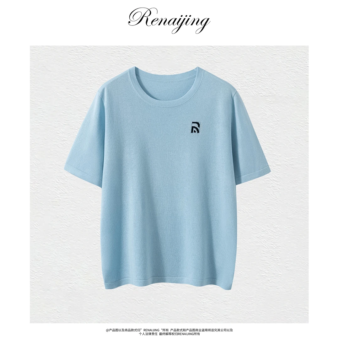 RENAIJING【静奢匠心】夏季重磅圆领T恤蚕丝羊绒提花短袖休闲百搭