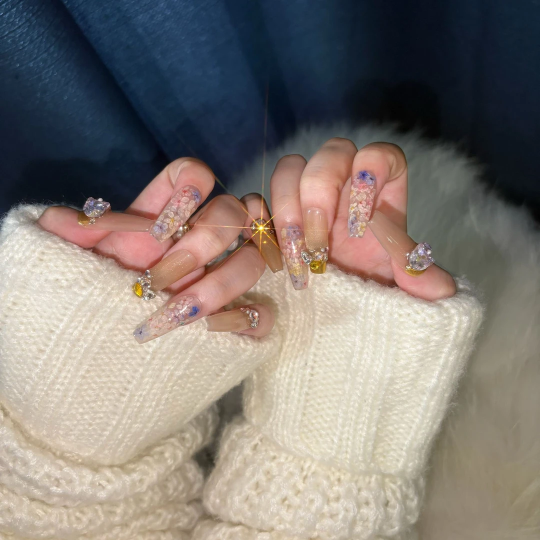 花漾流年 高级感干花鎏金猫眼显白穿戴甲