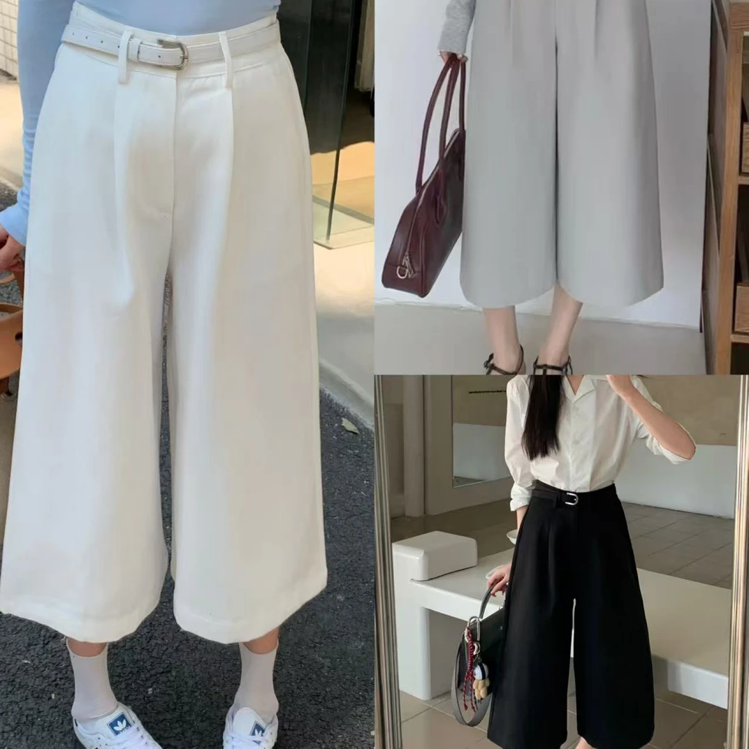 9366#半松紧腰纯色休闲七分阔腿牛仔裤