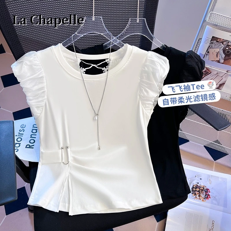 拉夏贝尔不规则短袖T恤女夏2025爆款设计感小众高级感飞飞袖上衣