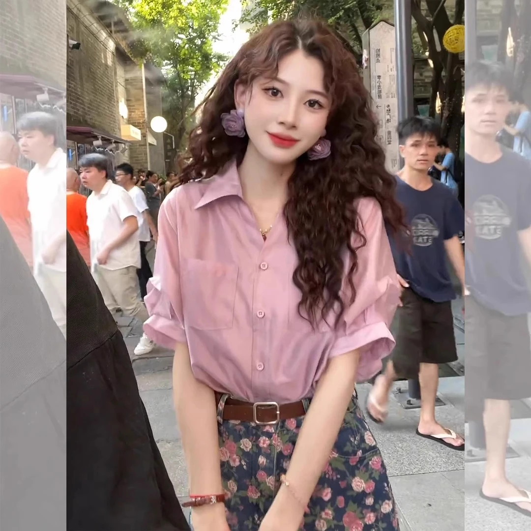 芯娇晴法式小资粉色短袖雪纺衬衫女装2025新款夏季衬衣泡泡袖上衣