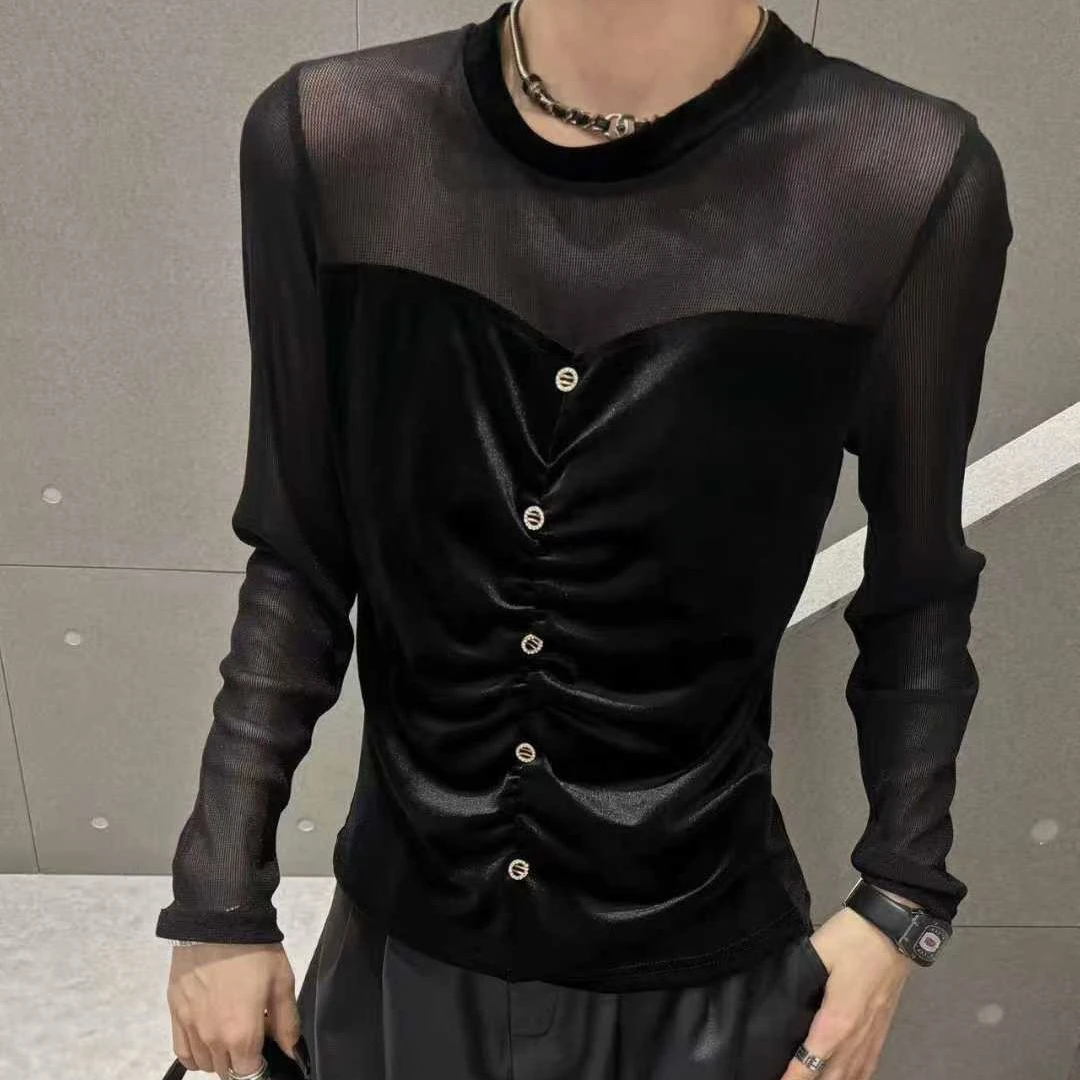 2025秋季新款潮流穿搭设计感圆领网纱拼接丝绒洋气修身显瘦打底衫