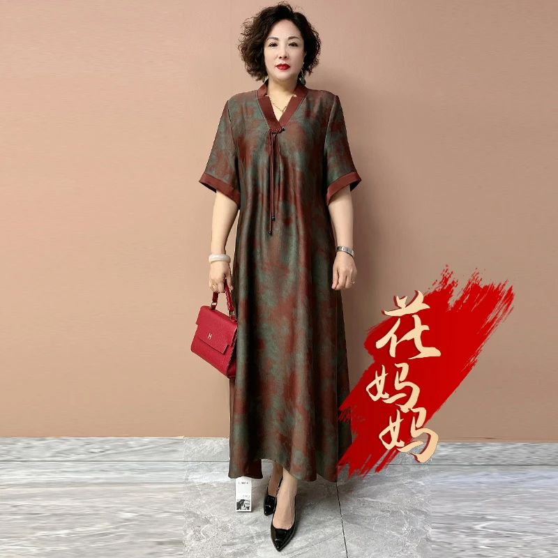 H夏季经典高档重磅桑蚕丝连衣裙宽松大码遮肚显瘦过膝长裙子