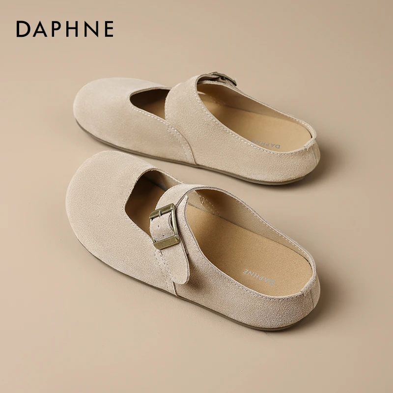 达芙妮真皮包头拖鞋女2025秋冬新款外穿包头半拖孕妇百搭平底单鞋