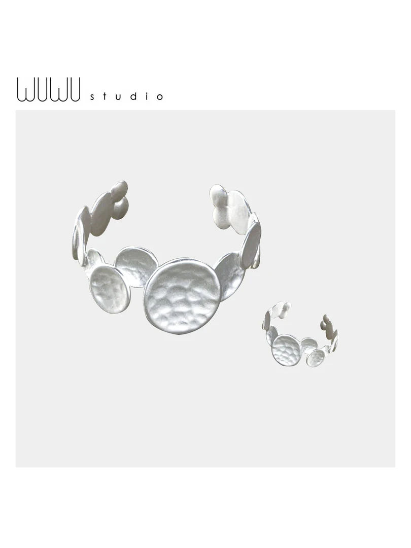 合金手镯 WUWU STUDIO【米奇】小众磨砂烧白不规则开口手镯戒指3073