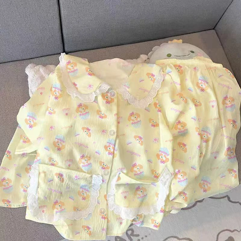 套装送睡裙夏季睡衣女短袖短裤加裙子卡通云朵棉少女家居服加长裤