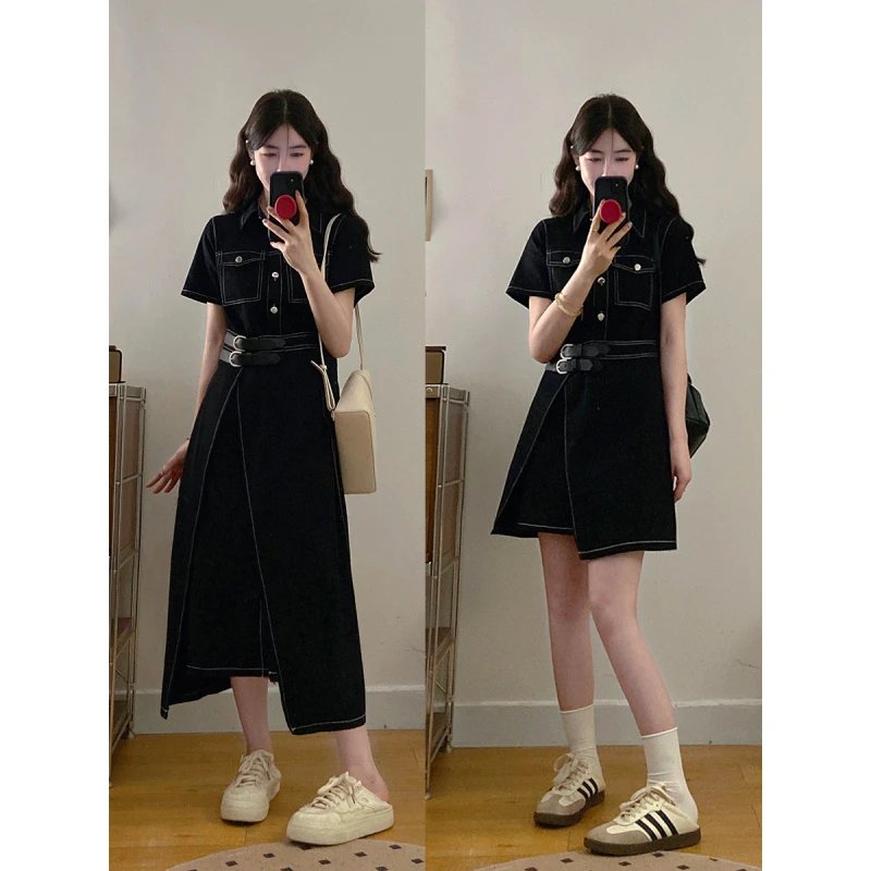 大码女装牛仔旅人港味简约复古风一片式收腰显瘦连衣裙胖MM显瘦