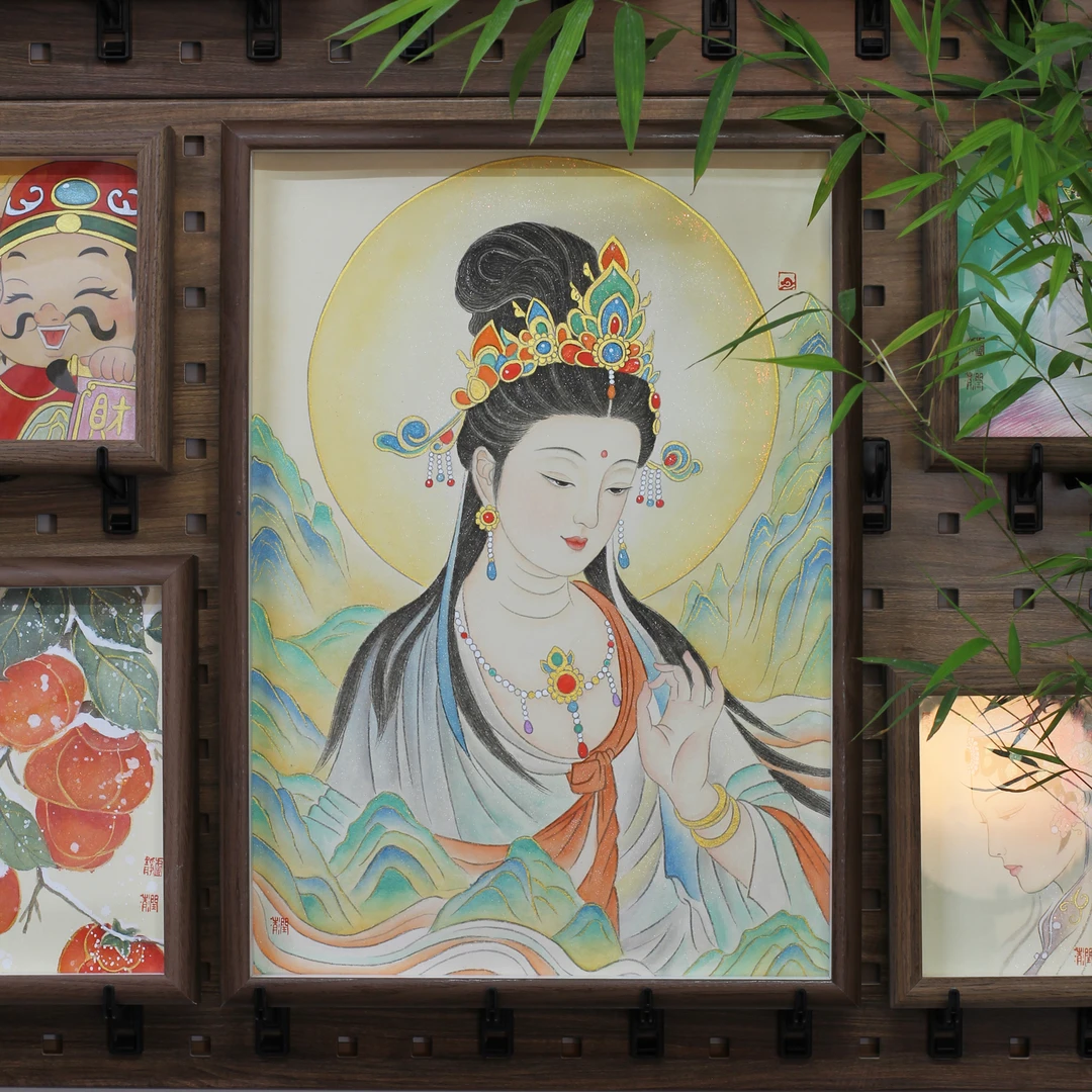 【原创千里江山观音图】A3纯手绘爆闪矿物颜料超美观音姐姐工笔摆台