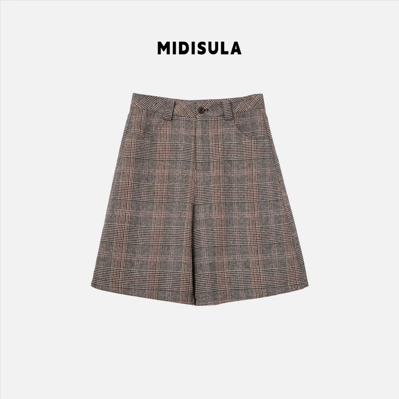 【H.MDSL】毛呢格子阔腿短裤高腰百搭加厚直筒中裤#1900-339-362