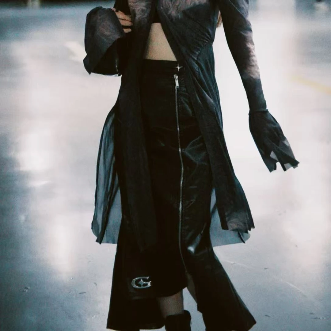 【反骨ZAI】美式皮裙半身裙女辣妹宽松长裙包臀裙＃03405