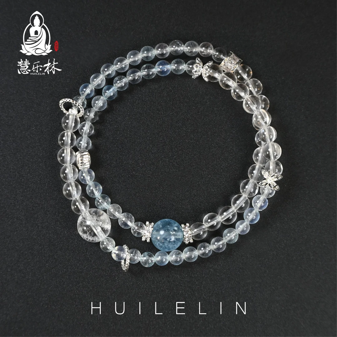 慧乐林【蓝桥春雪】白水晶海蓝宝手串