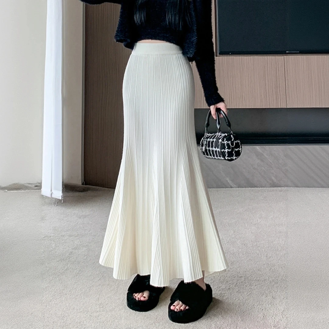 针织鱼尾半身裙女秋冬高腰显瘦包臀A字中长款荷叶边拼接