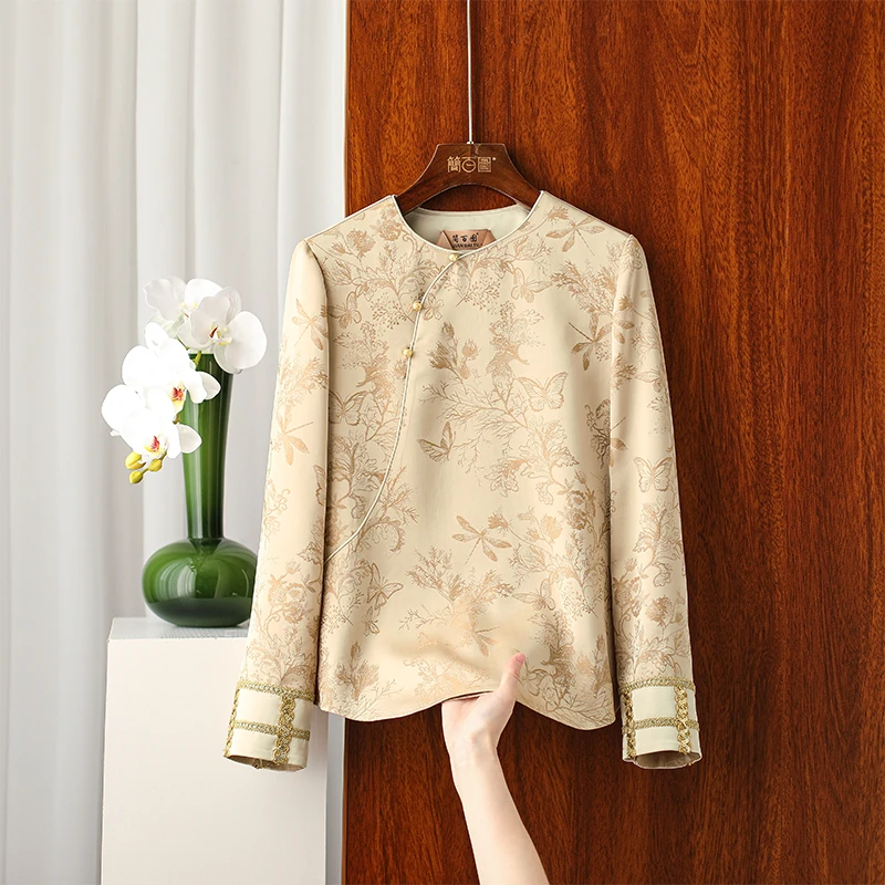 2025春夏新款加织加密新中式黄润色圆领立体提花上衣气质百搭衬衫