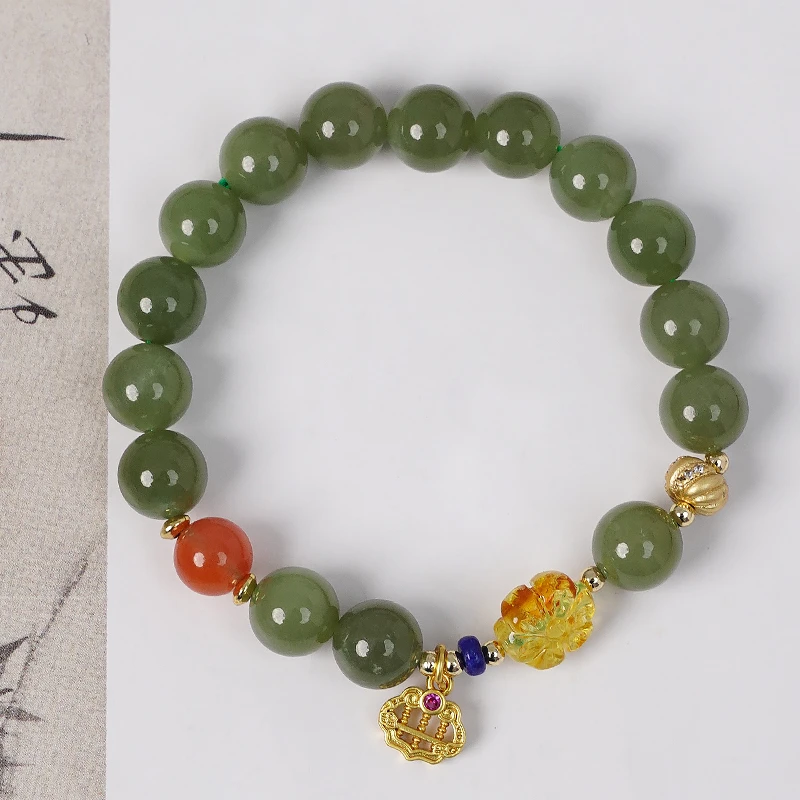 天然和田玉琥珀桃花手链-8663