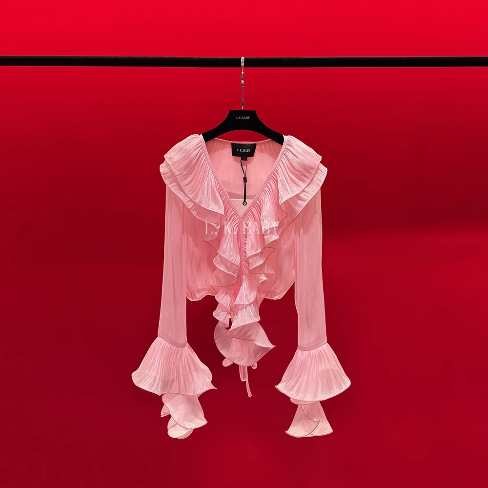 【L.K.BABY】仙气飘飘A 法式浪漫「春日玫瑰粉」不规则流苏荷叶边开衫