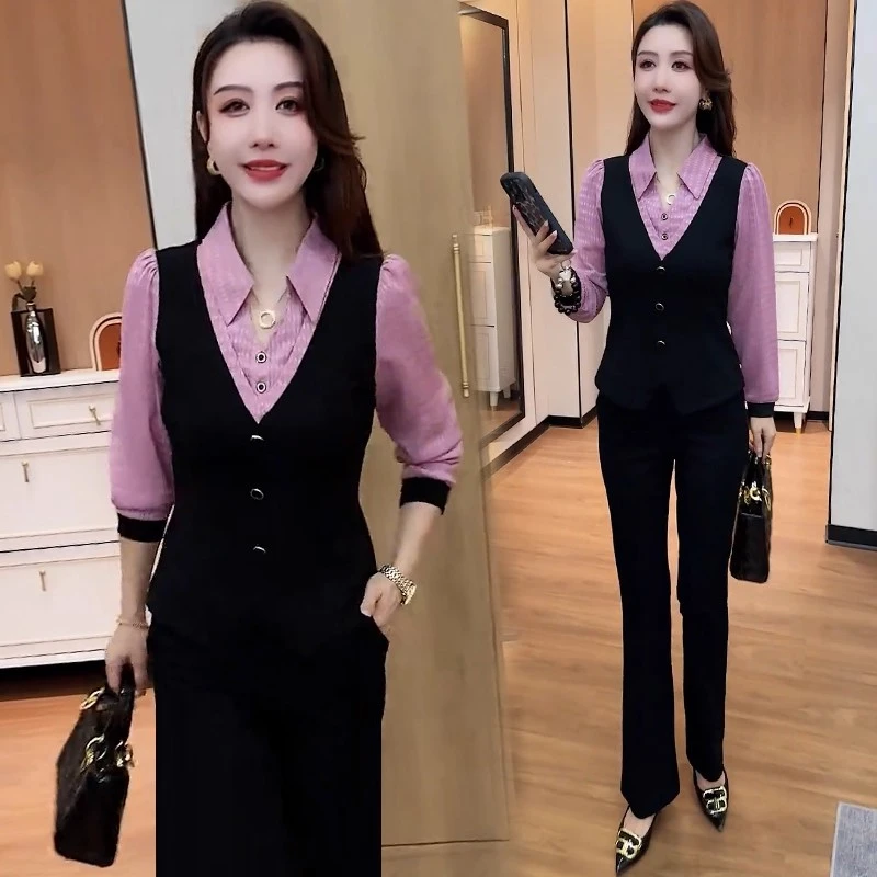 时尚套装女秋季新款洋气修身显瘦假两件拼接长袖衬衫阔腿裤两件套