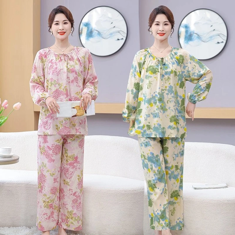 妈妈棉绸睡衣女夏季薄款中老年人家居服2025新款长袖夏天两件套装