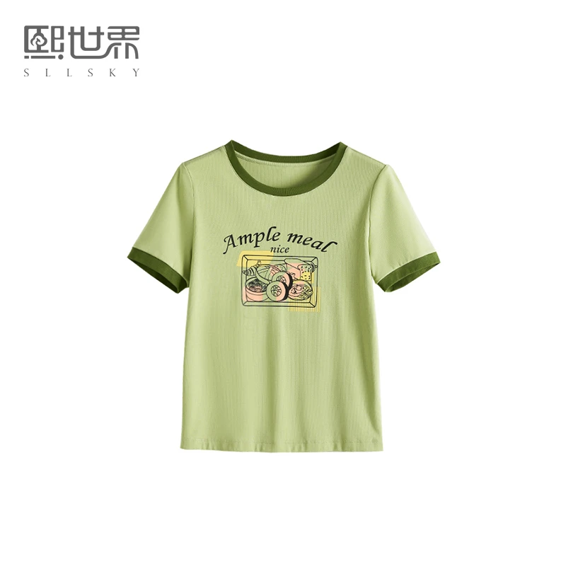 季末特卖】熙世界美式复古T恤女正肩短袖时尚洋气减龄印花上衣夏