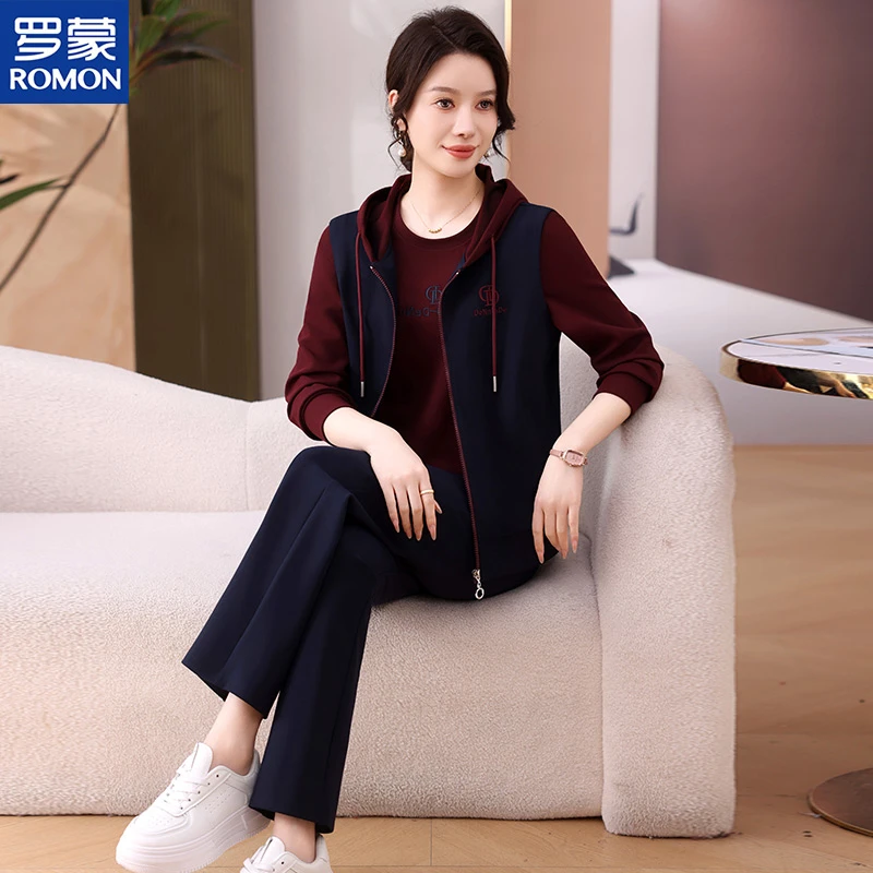 罗蒙品牌贵夫人秋装时尚减龄妈妈运动套装中老年女士春秋连帽上衣