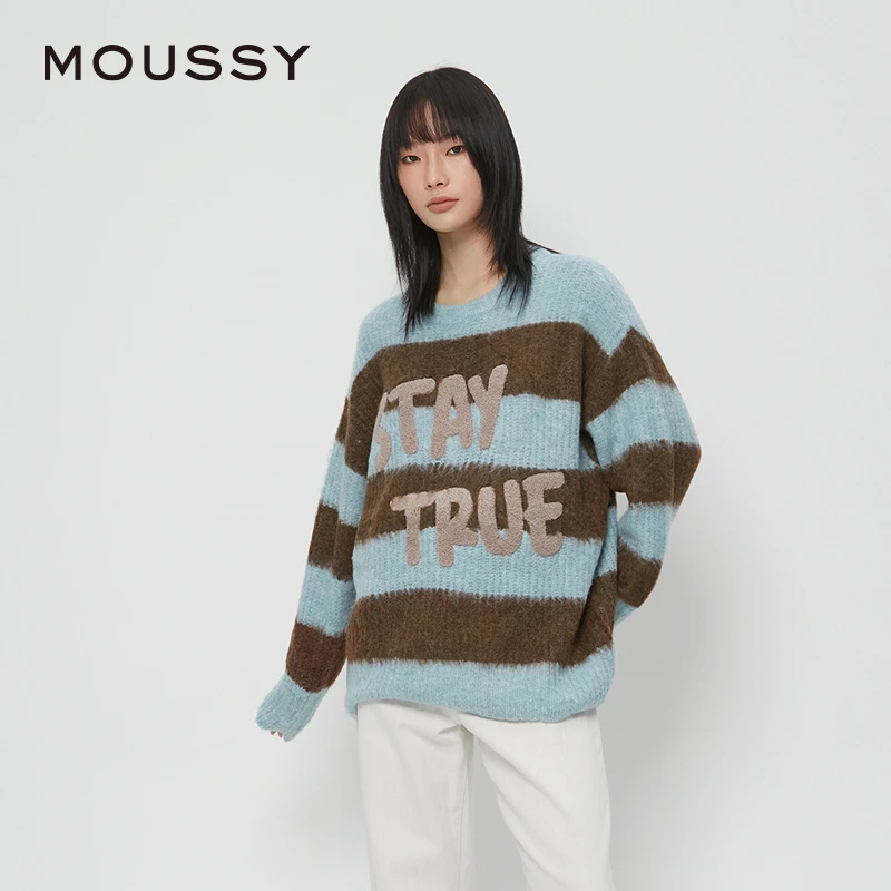 moussy 秋冬季新品日系少年感撞色条纹针织衫毛衣028HAZ70-0931