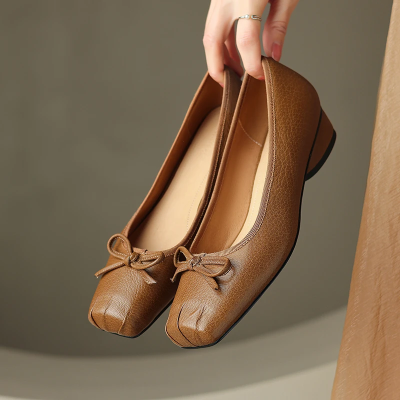 李大龙~羊皮3公分/软底复古浅口蝴蝶结单鞋春秋方头舒适女鞋