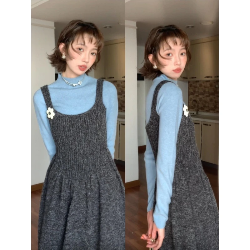 MARIE.COCO韩系氛围感秋冬新款蓝色修身打底衫针织无袖背心连衣裙